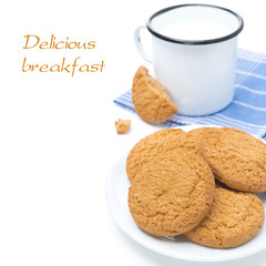 oatmeal cookies on the plate and mug of milk isolated