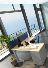 Fototapeta na wymiar Modern office interior with spledid seascape view