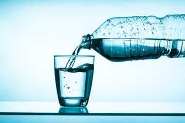 bottled water and a glass