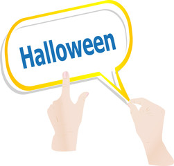 hands push word halloween on speech bubbles, holiday card