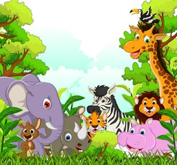 Obraz na płótnie Canvas cute animal wildlife cartoon with forest background