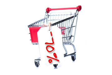 Shopping cart with 70 percent discount isolated on white 