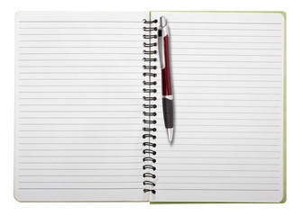 used blank note book with ring binder and ball pen, isolated on