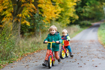 Two little siblings having fun on bikes in autumn forest.