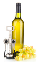 Obraz premium Composition of corkscrew and bottle of wine, grape, isolated