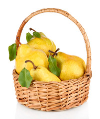 Juicy pears in wicker basket isolated on white