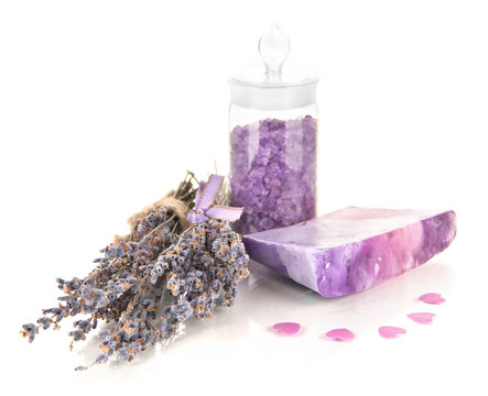 Hand made soap with lavender and sea salt isolated on white