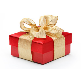 Red gift box with gold ribbon bow