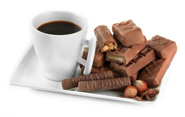 Delicious chocolate bars on plate with coffee isolated on white