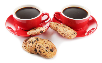 Red cups of strong coffee and cookies isolated on white