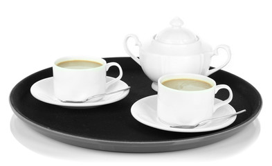 Cups of coffee on tray isolated on white
