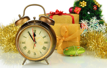 Composition of clock and christmas decorations isolated on