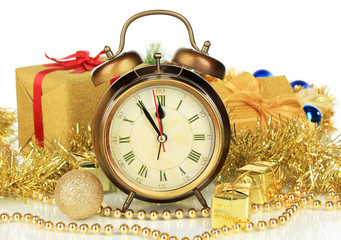 Composition of clock and christmas decorations isolated on