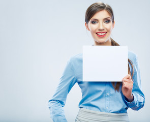 Fototapeta premium Business woman hold banner, white background isolated portrai