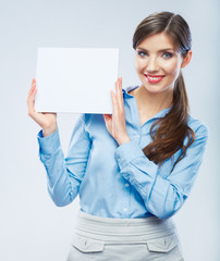 Naklejka premium Business woman hold banner, white background portrait. Female