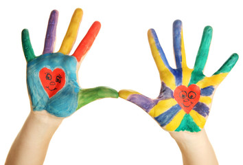 Painted hands with smile isolated on white