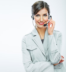 Portrait of woman customer service worker, call center smiling