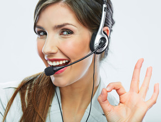 Customer support operator close up portrait.  call center smili