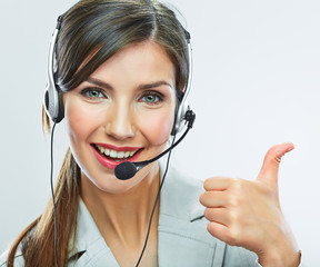 Customer support operator thumb show.  call center smiling oper