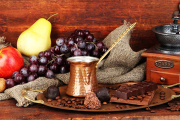 Coffee grinder, turk and coffee beans