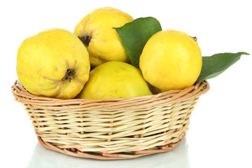 Sweet quinces in wicker basket isolated on white