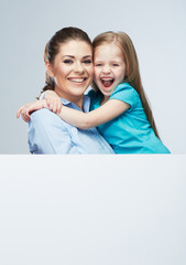  Mother and daughter embrace. Business woman with kid girl. Iso