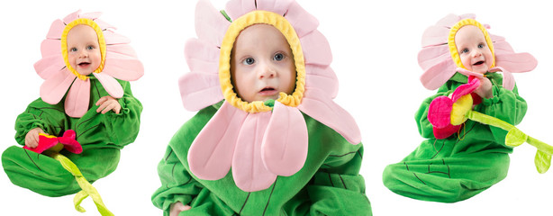 Naklejka premium Adorable baby boy, dressed in flower costume on white