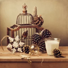 Papier Peint photo Oiseaux en cages Composition de Noël rétro avec cage à oiseaux