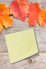 Naklejka na ściany i meble Sticky note on the board with autumnal leaves
