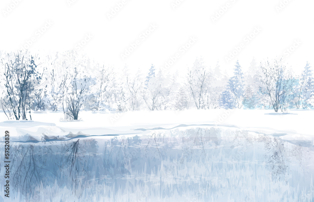 Canvas Prints vector of winter scene with river and forest background.