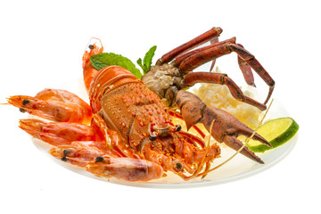 Spiny lobster, shrimps, crab legs  and rice