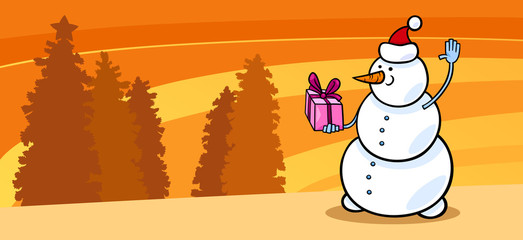 Snowman Santa with gift cartoon card