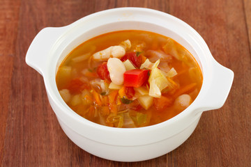 vegetable soup in white bowl
