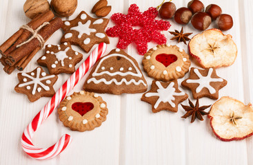 Christmas homemade gingerbread cookies,spice and decoration over