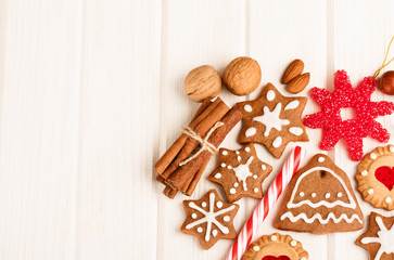 Christmas homemade gingerbread cookies,spice and decoration over