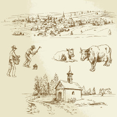 rural village, agriculture - hand drawn illustration