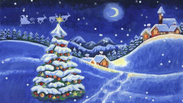 Santa Claus with reindeers over snowy highlands, Merry Christmas