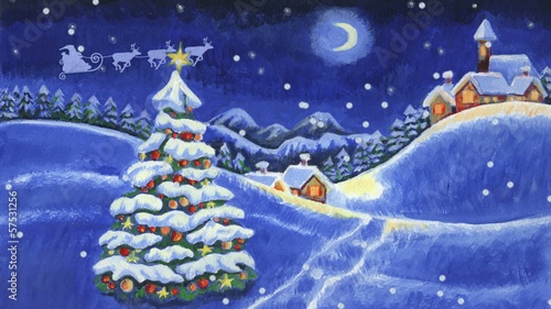 Santa Claus with reindeers over snowy highlands Merry