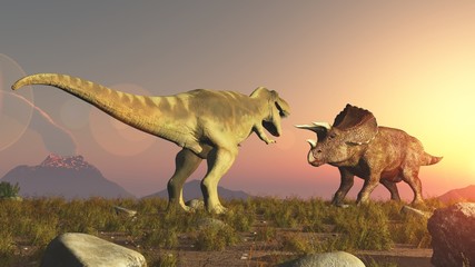 triceratops and tyrannosaurus rex dinosaurs jurassic - obrazy, fototapety, plakaty