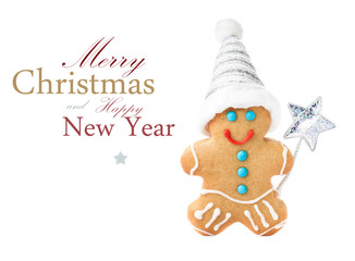 Gingerbread Man Christmas Cookie with Santa hat and magic stick