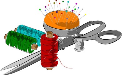 schere garn und nadelkissen