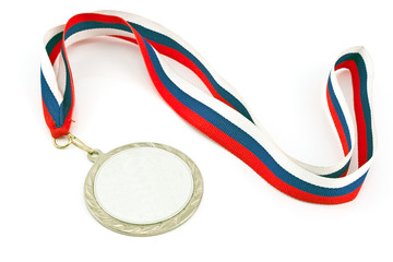 Silver medal with color stripes isolated on white