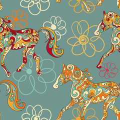 Seamless pattern with running horses and stylized flowers
