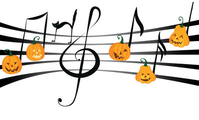 Naklejka premium Pumpkin music on notes staff