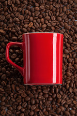 Red coffe cup into roasted coffee beans