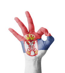 Hand making Ok sign, Serbia flag painted