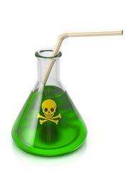 Poison drink. Flask of green liquid with straw. Sign with skull
