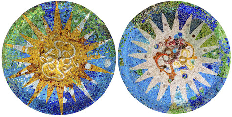 Two detail of mosaic in Guell park in Barcelona - obrazy, fototapety, plakaty