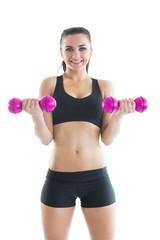 Fototapeta na wymiar Front view of gorgeous active woman making use of dumbbells