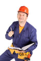 Worker in hard hat with pen.